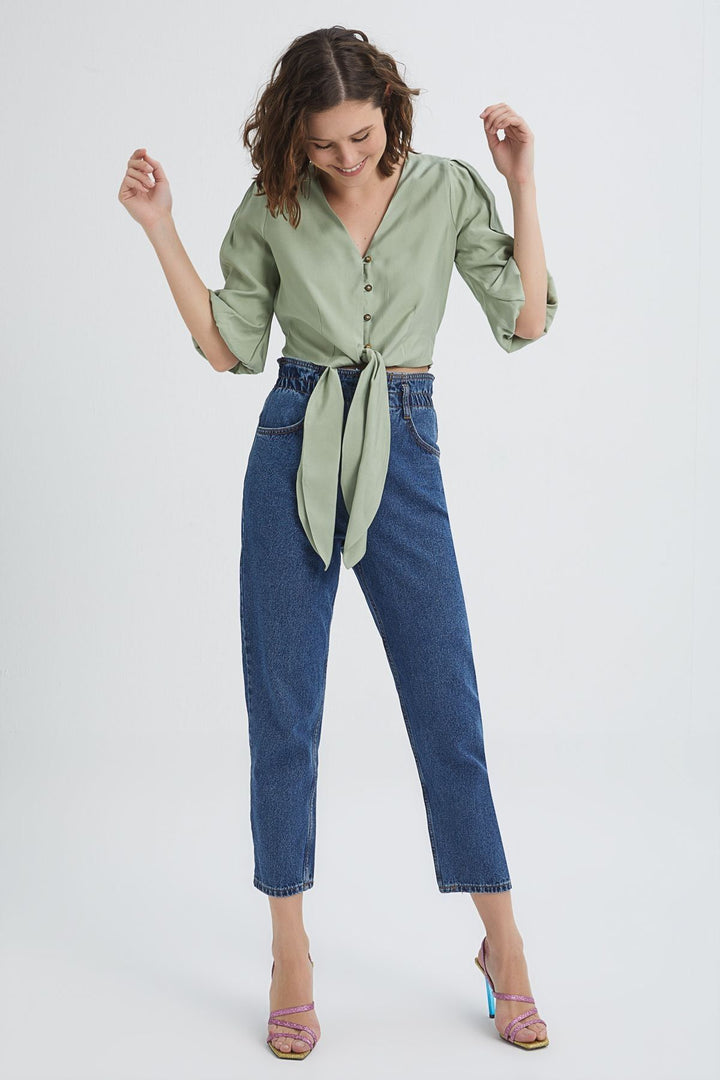 Balloon Sleeve Front Tie Crop Blouse Mint