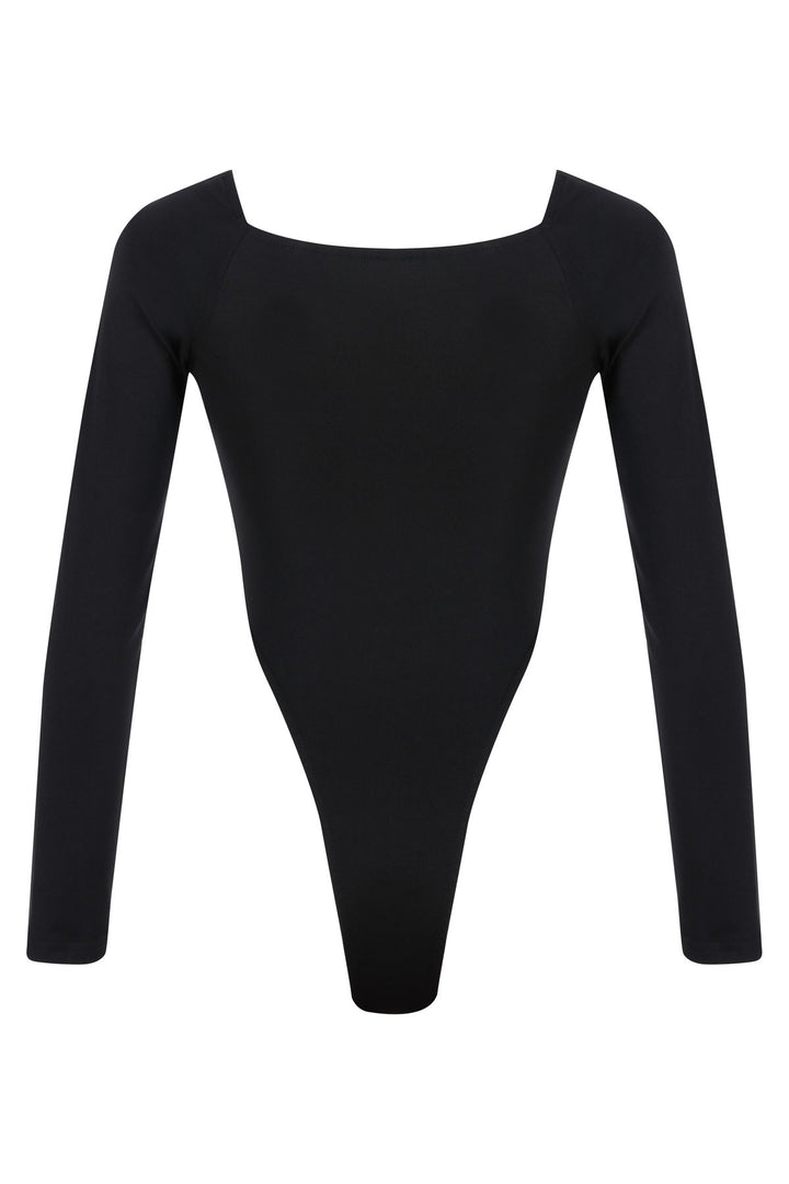 Square Collar Long Sleeve Bodysuit Black