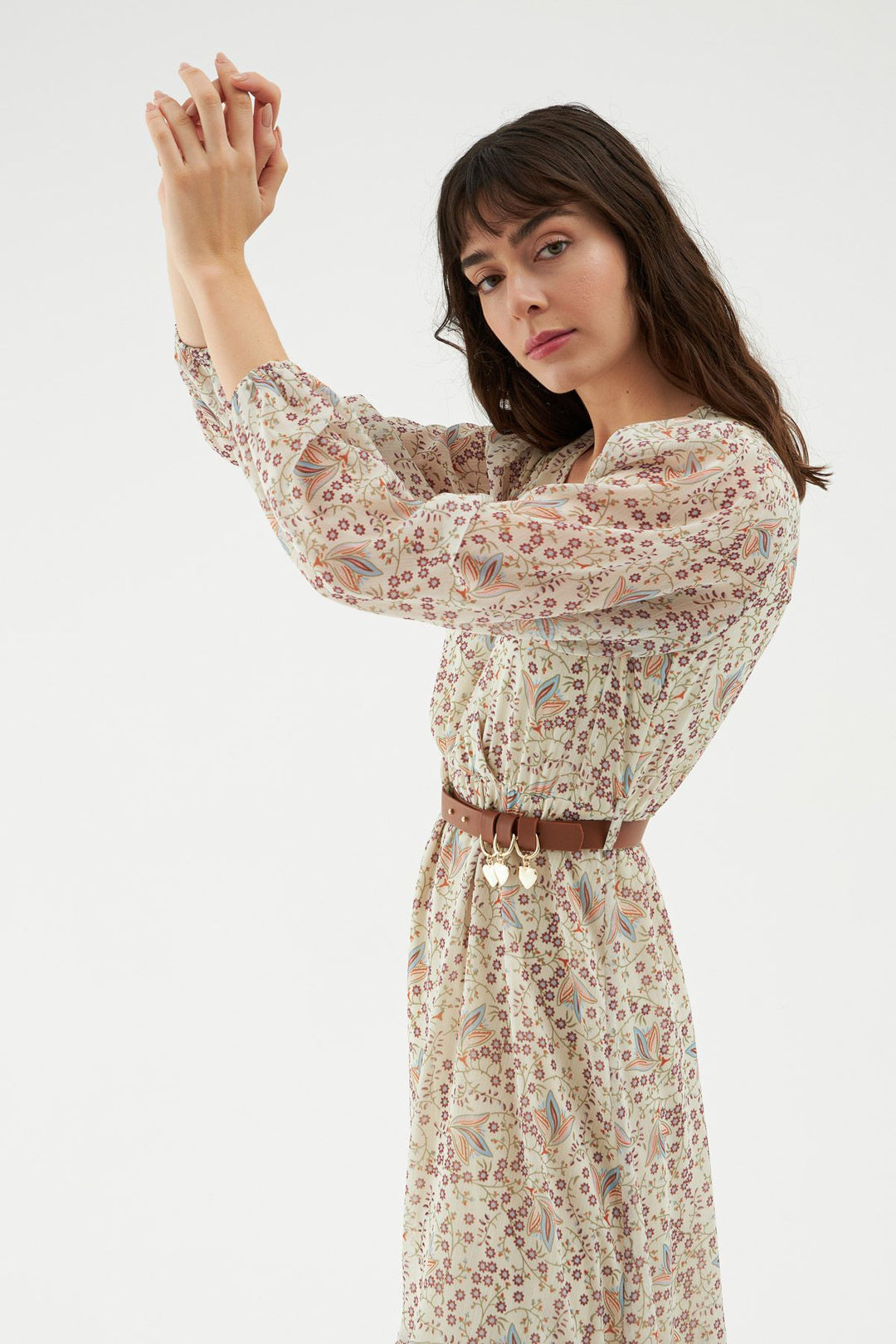 Kemerli Kruvaze Elbise Bej