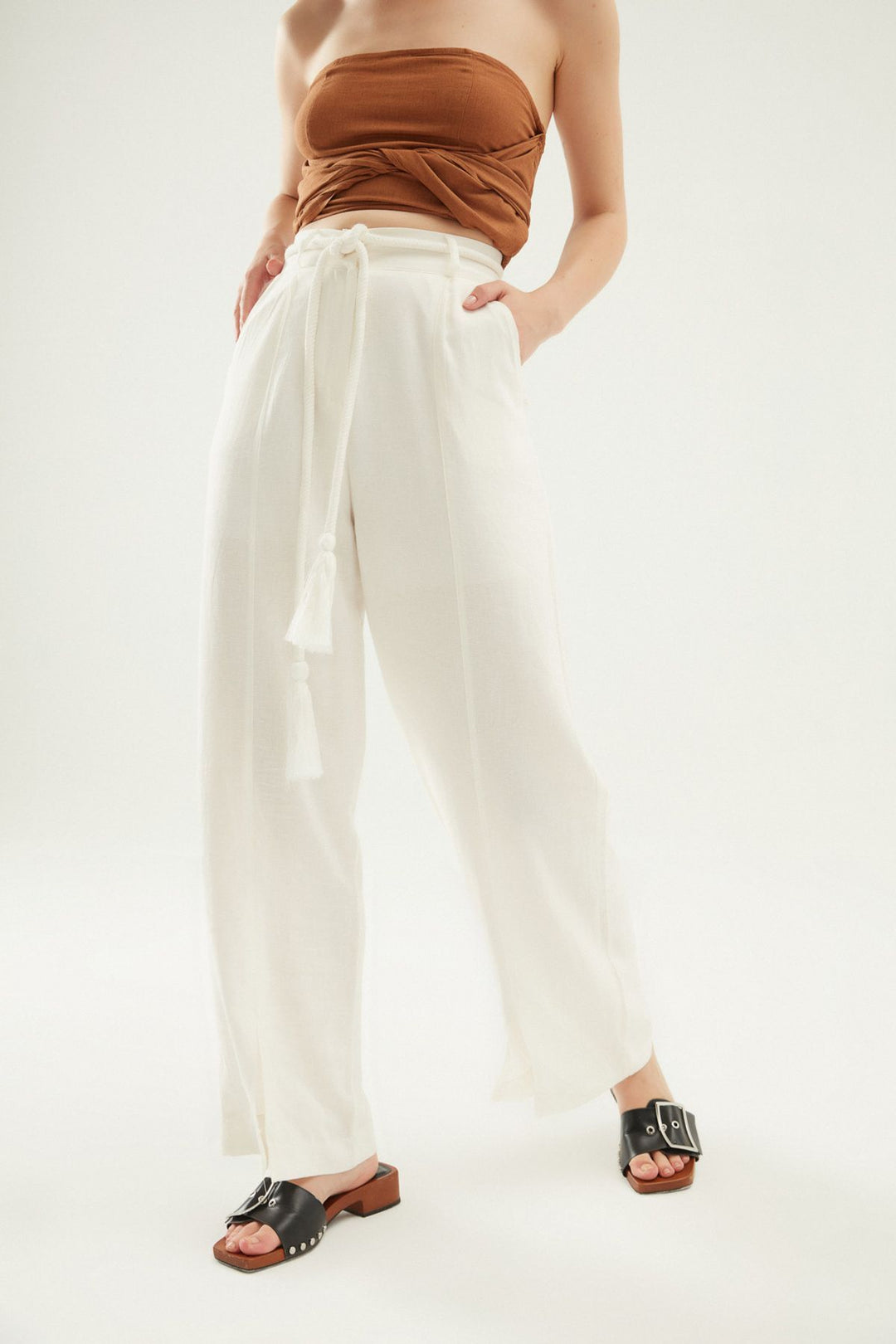 Yırtmaçlı Keten Pantolon Beyaz