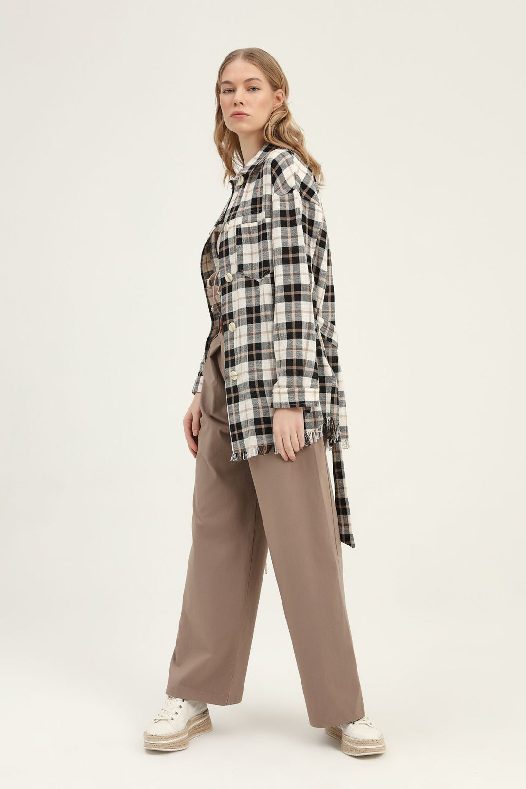 Çizgili Beli Kuşaklı Uzun Gömlek Camel