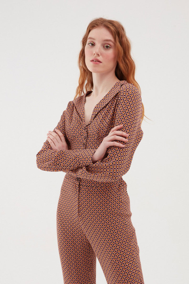 Desenli Dekolteli Crop Gömlek Kahverengi