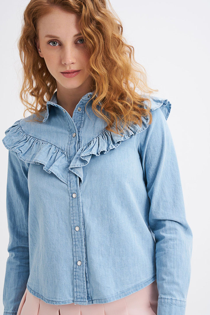 Fırfır Detaylı Kot Gömlek Mavi