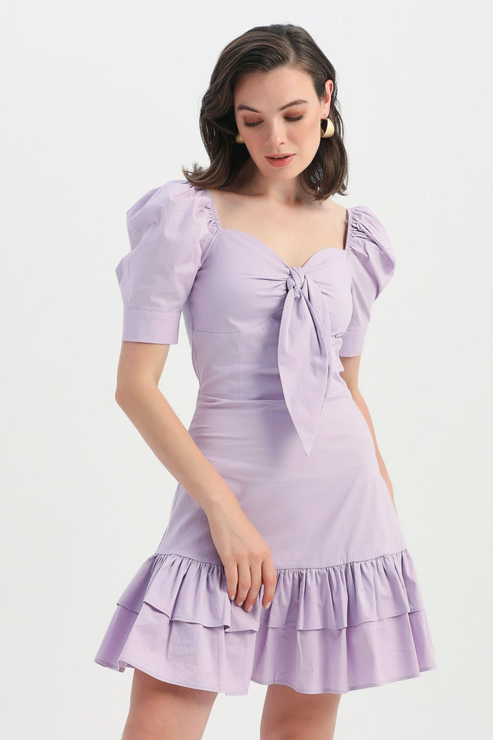 Tie Detailed Balloon Sleeve Dress Lilac