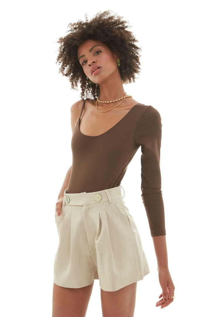 Asymmetric Sleeve Bodysuit Dark Brown