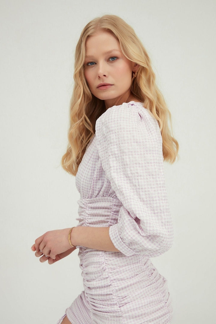 Çizgili Büzgülü Mini Elbise Lila