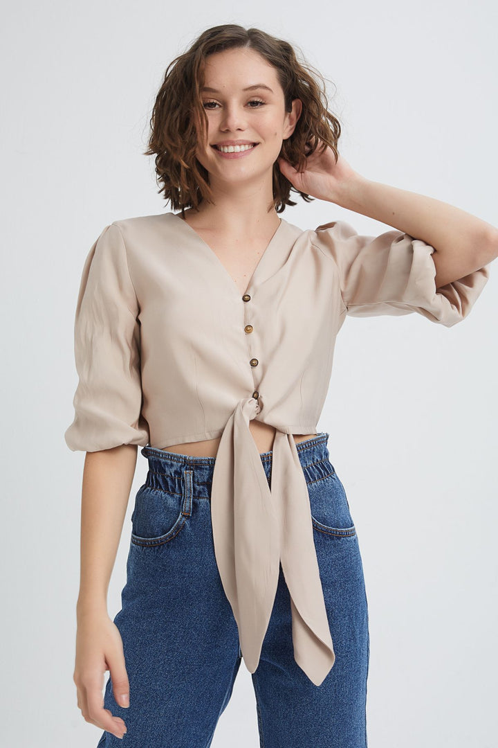 Balloon Sleeve Front Tie Crop Blouse Beige