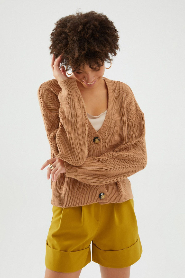 Buttoned V Cardigan Camel