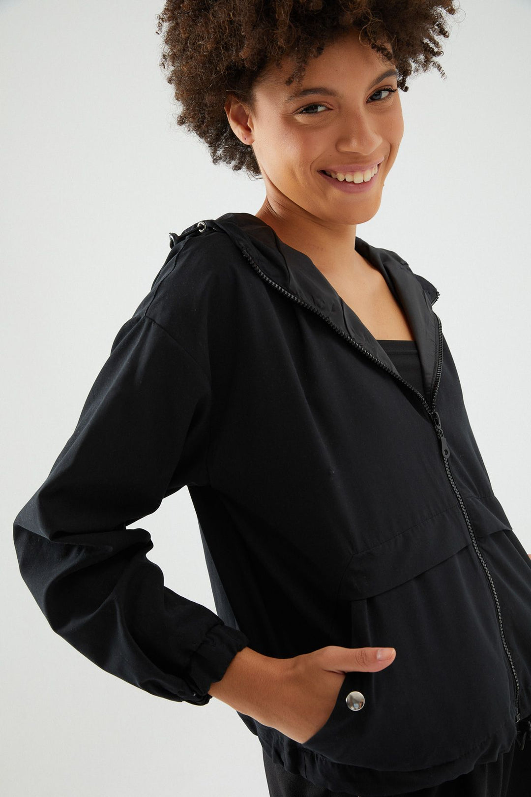 Hooded Gathered Waist Raincoat Black