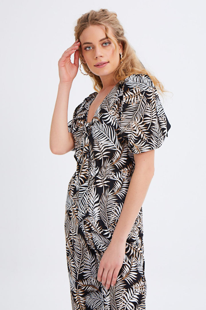 Yakası Bağlamalı V Yaka Tulum Siyah