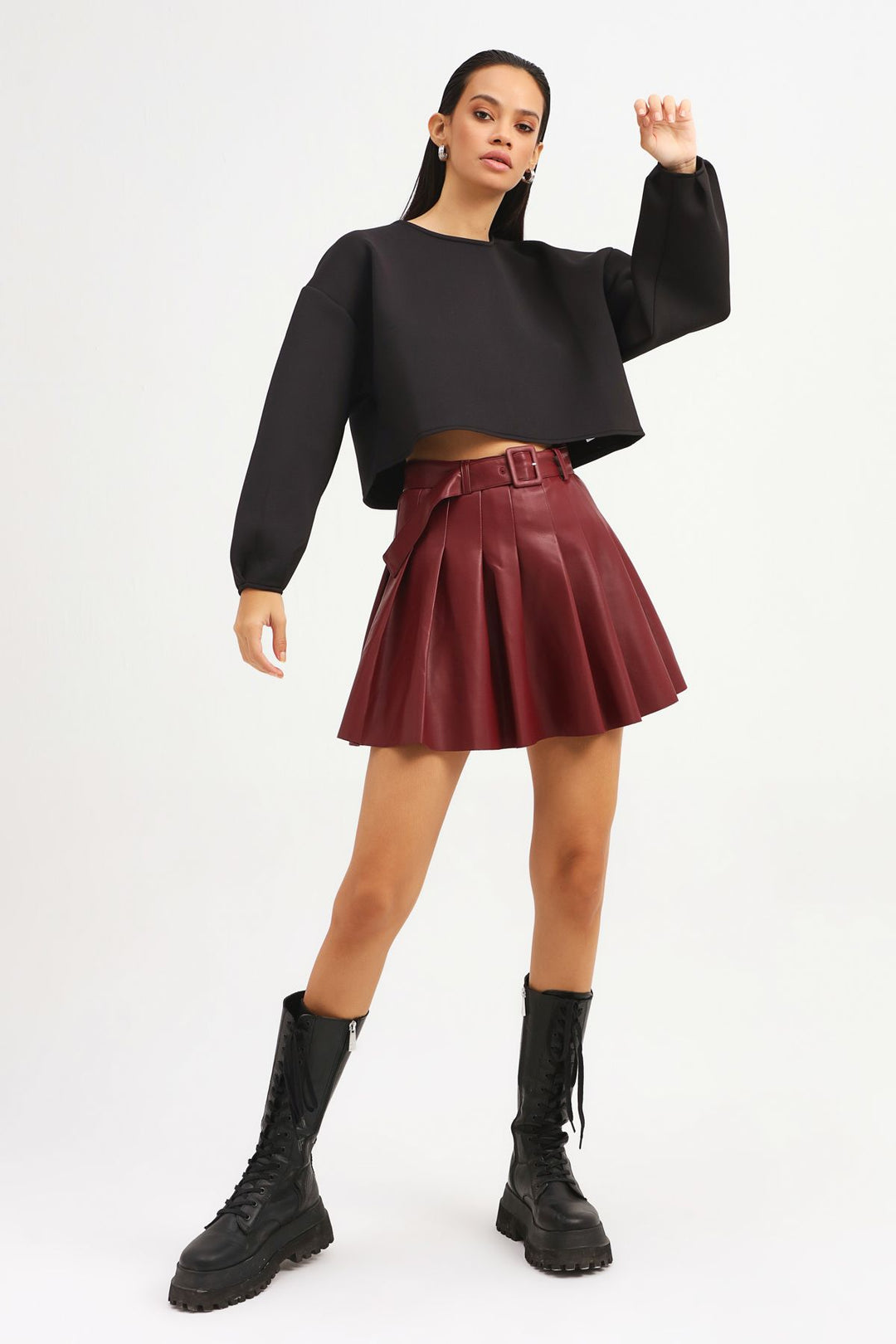 Dalgıç Kumaş Crop Sweatshirt Siyah