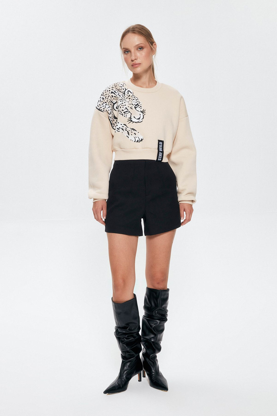 Baskı Detaylı Crop Sweatshirt Açık Bej