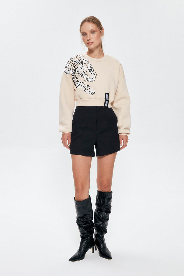 Baskı Detaylı Crop Sweatshirt Açık Bej