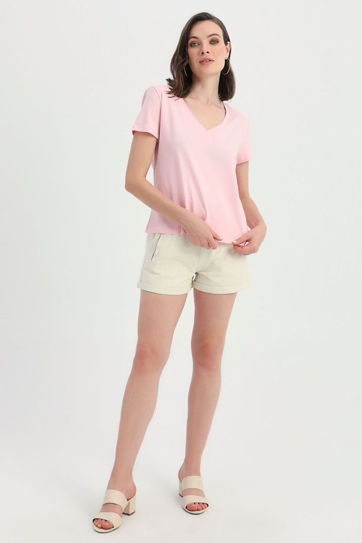 Vatkalı V Yaka Tişört Pembe