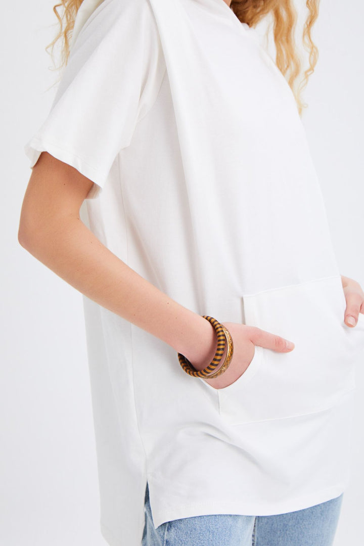 Hooded Kangaroo Pocket Long Sweatshirt Ecru