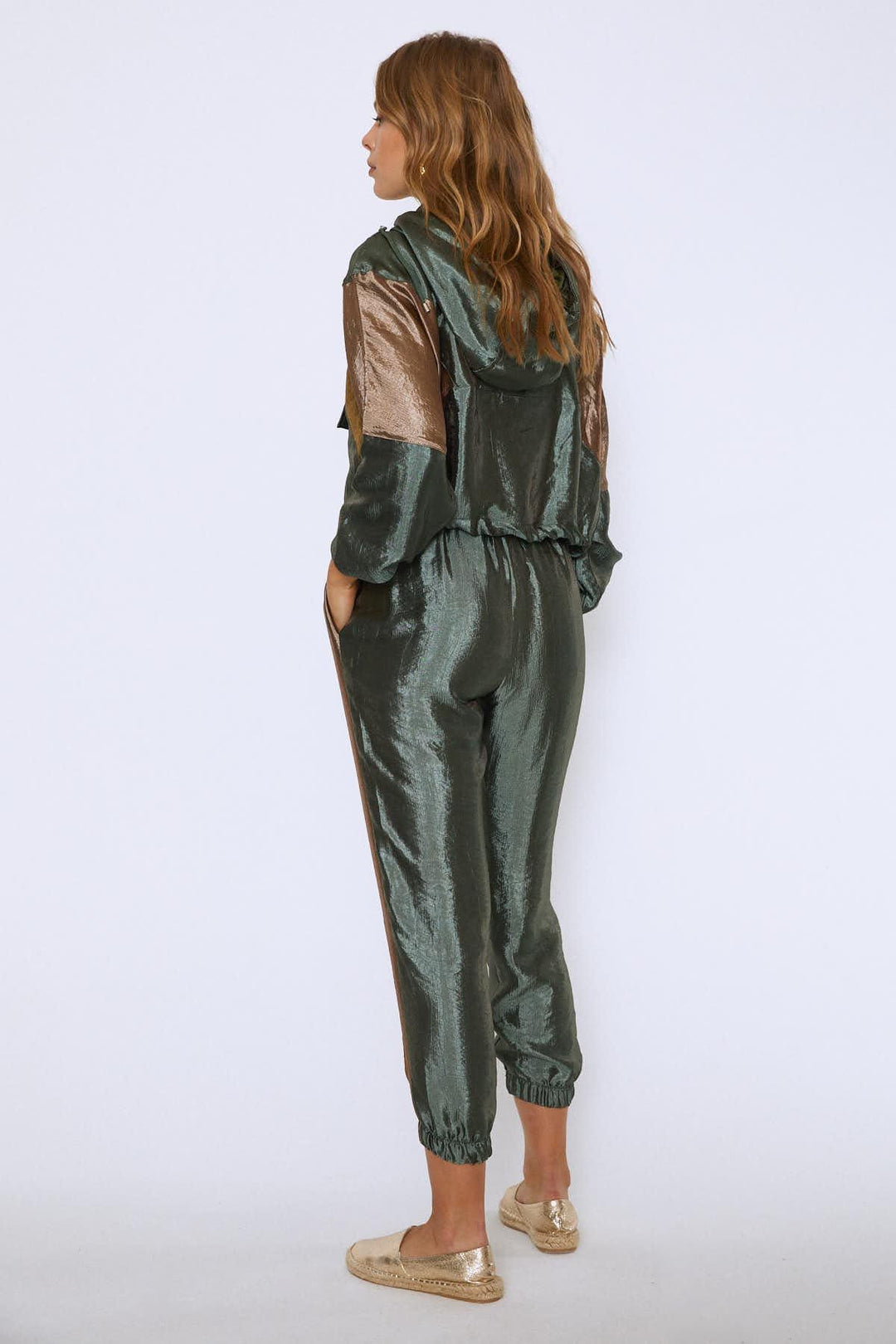 Shiny Striped Jogger Pants Khaki