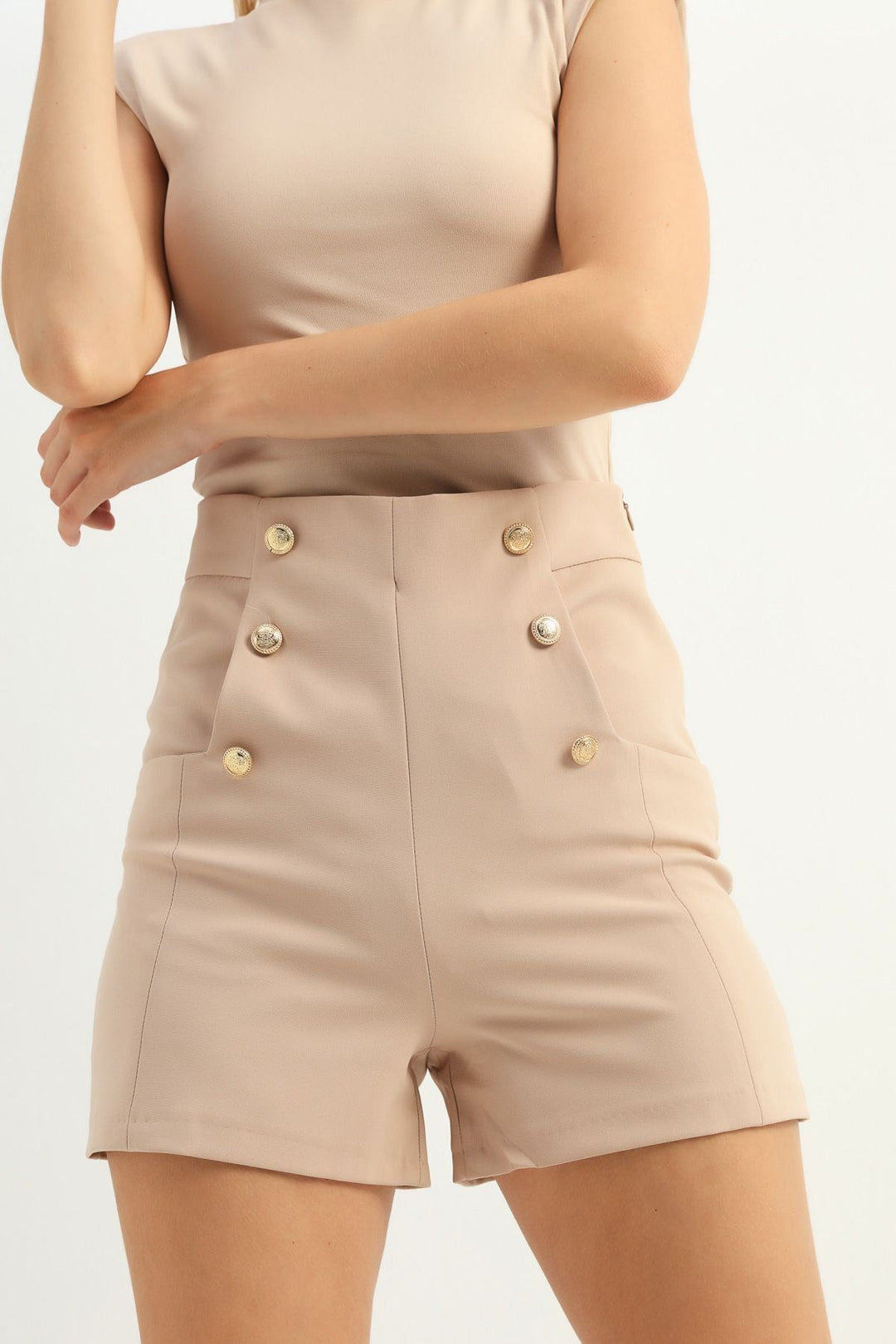 Button Detailed High Waist Shorts Beige