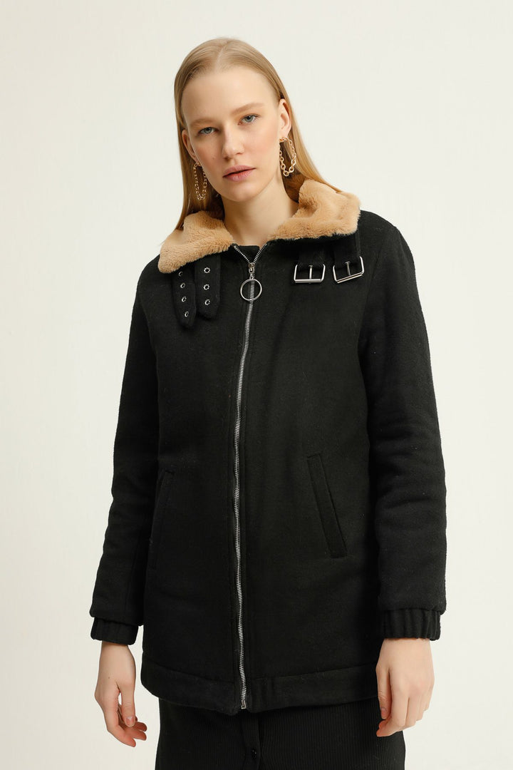 Furry Collar Zippered Coat Black