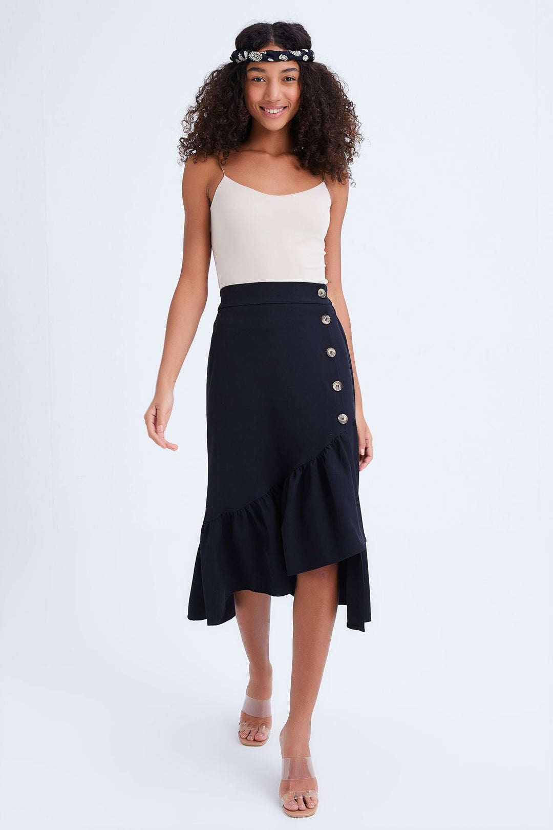 Button Detailed Frilly Skirt Black