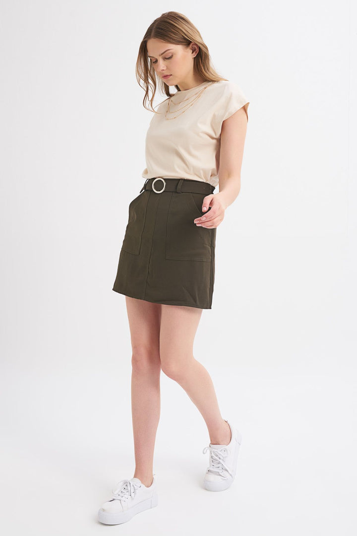 Kemerli Cep Detaylı Mini Etek Haki