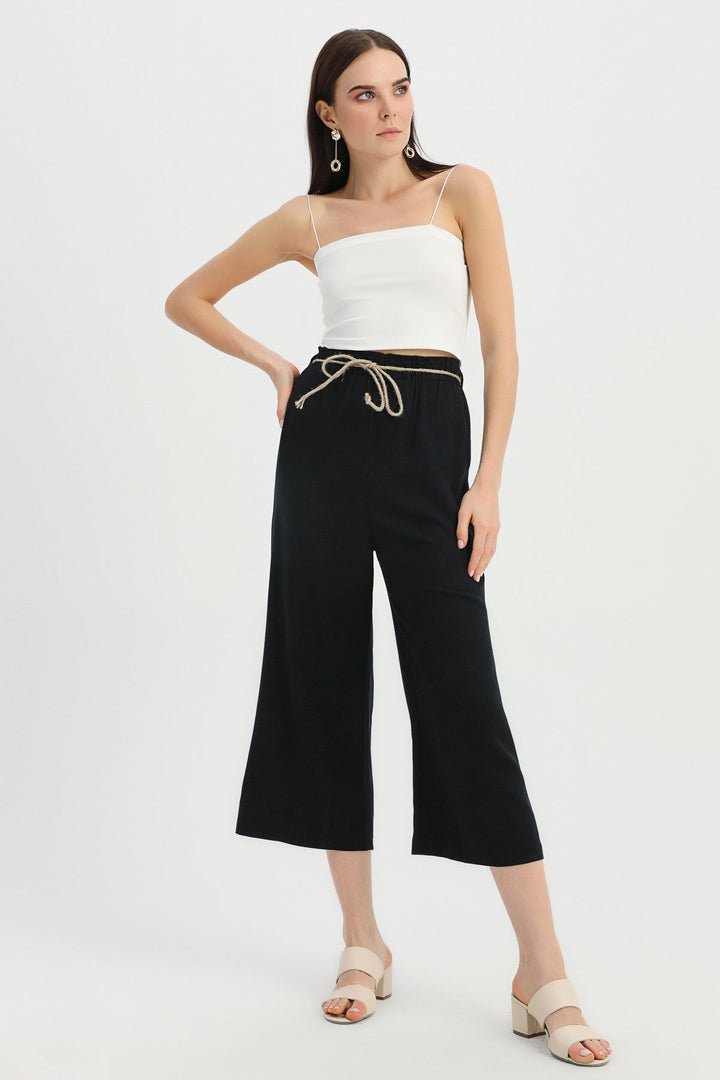 Hasır İp Kemerli Keten Pantolon Siyah