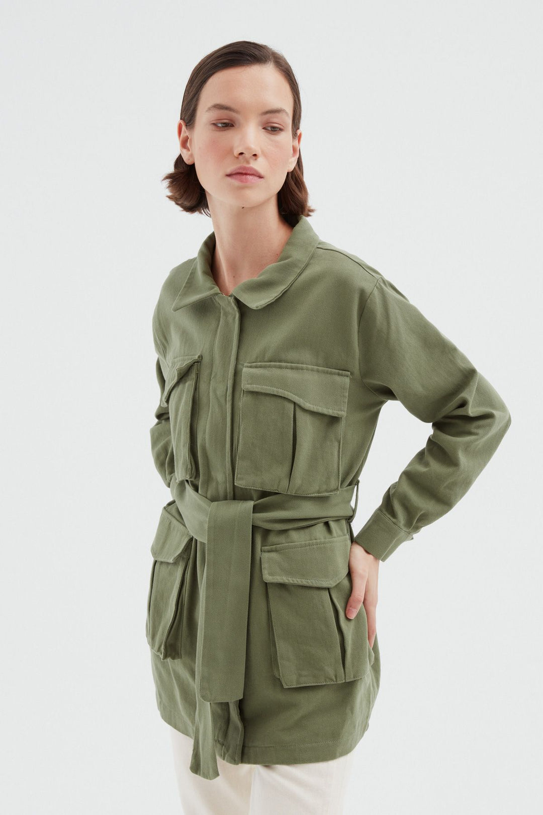 Belted Pocket Long Jacket Khaki