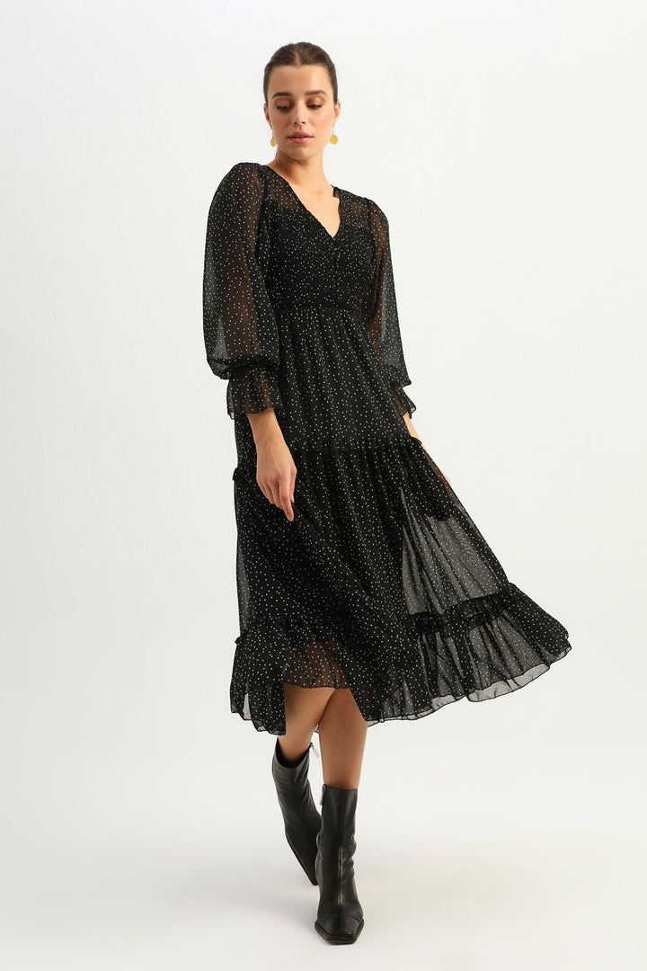 Polka Dot V Neck Gipele Dress Black