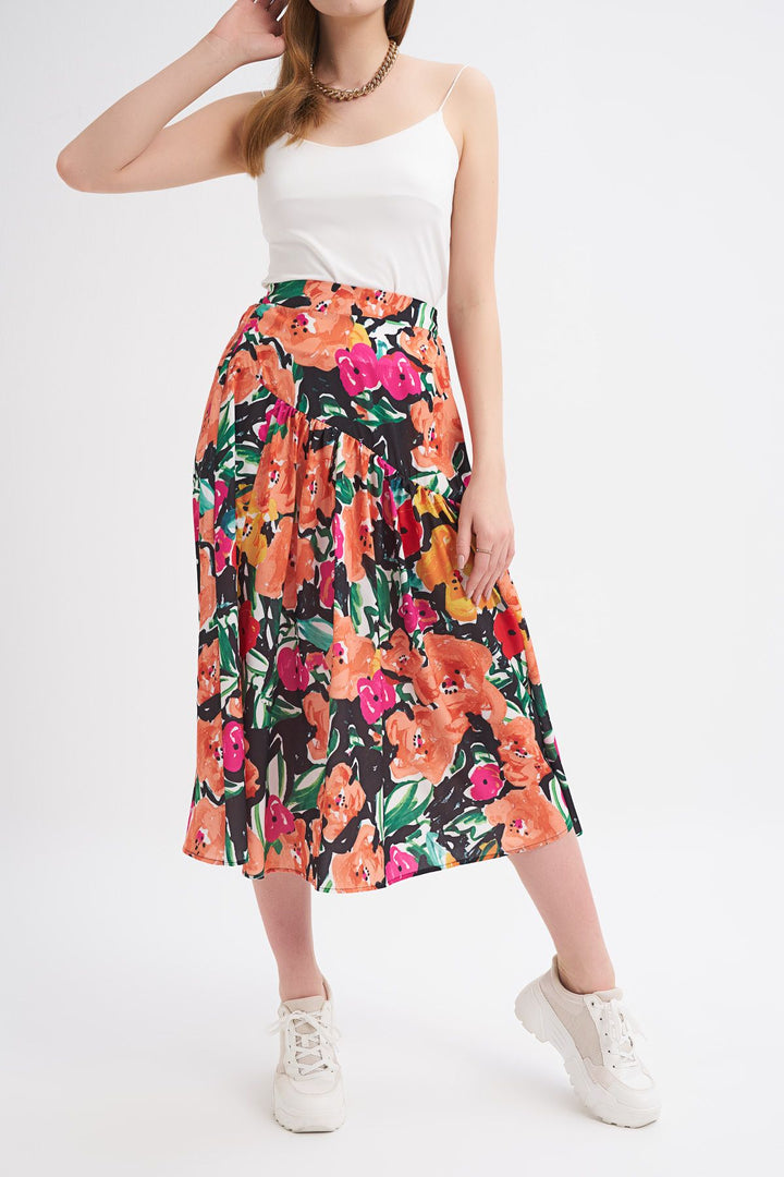 Patterned Slit Detailed Skirt Orange