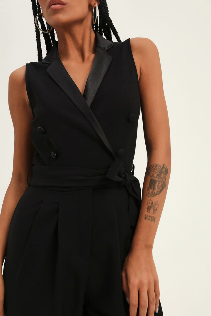 Satin Collar Belted Jumpsuit Black