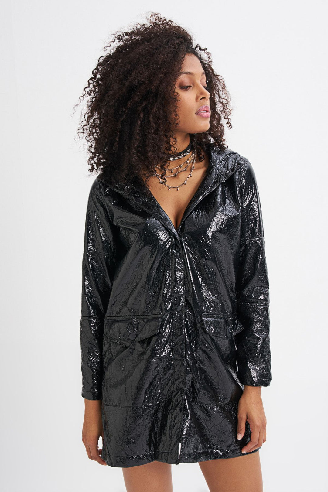 Patent Leather Hooded Raincoat Black