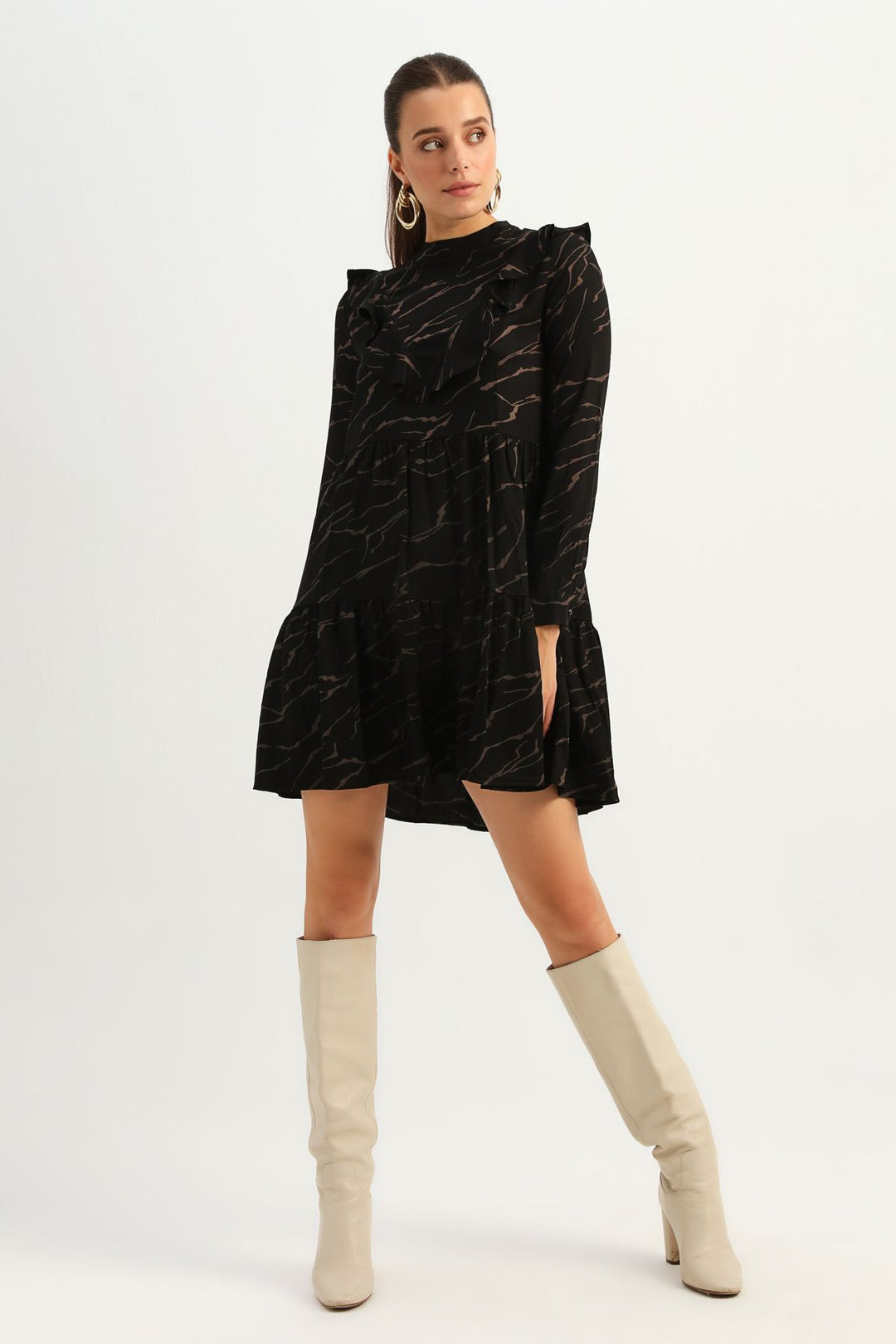 Patterned Ruffle Midi Dress Black