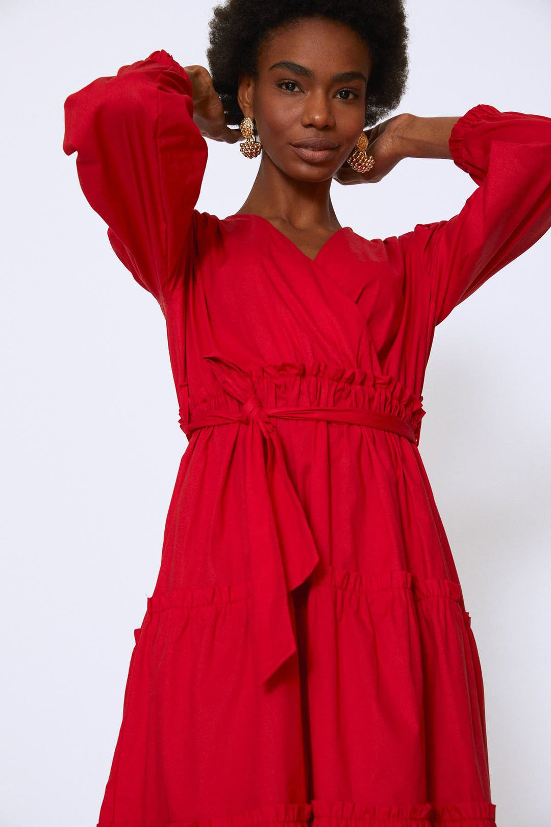 Kolları Vatkalı Kuşaklı Elbise Kırmızı