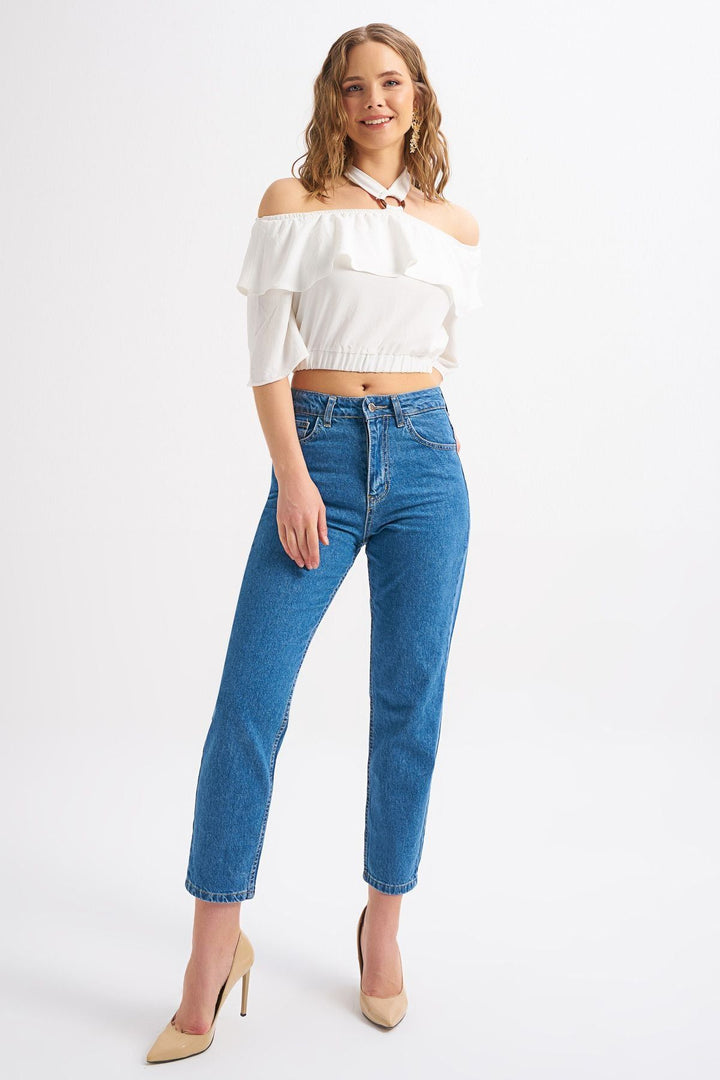 Halter Neck Detailed Flounce Blouse White