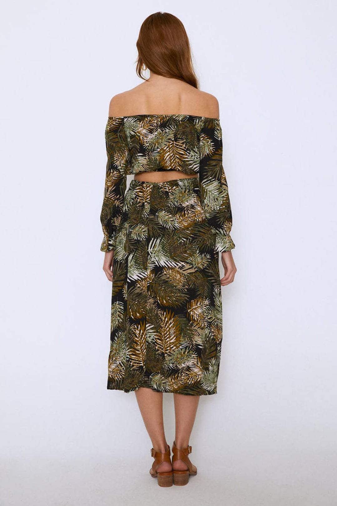 Palm Patterned Wrap Skirt Khaki