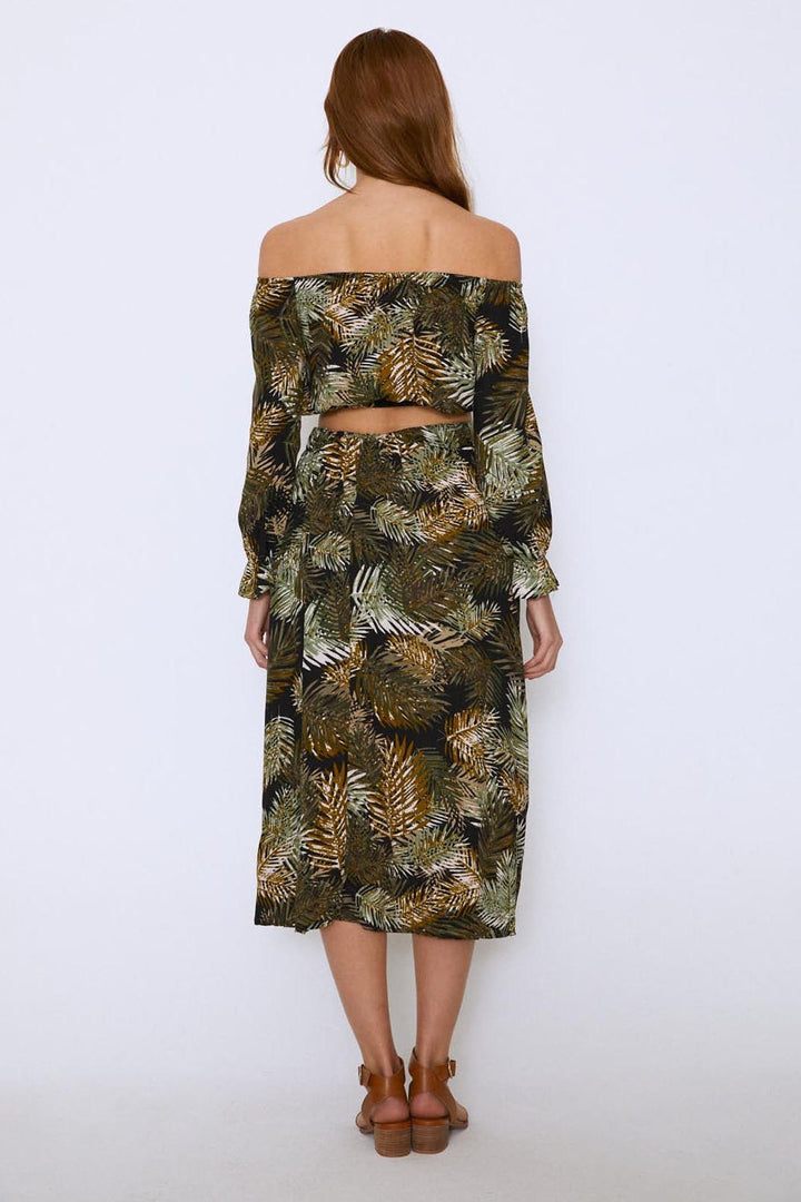 Palm Patterned Wrap Skirt Khaki