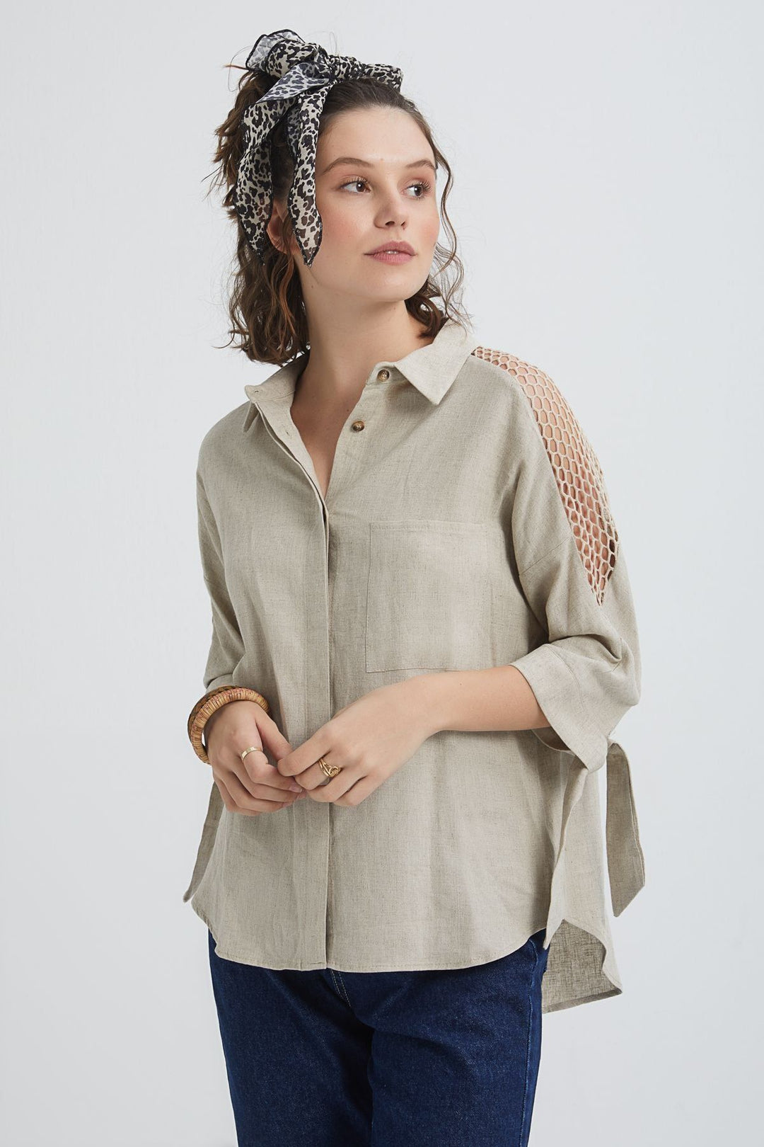 Linen Shirt with Mesh Sleeves Beige