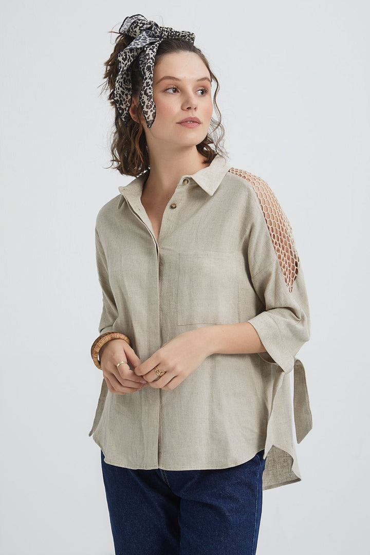 Linen Shirt with Mesh Sleeves Beige