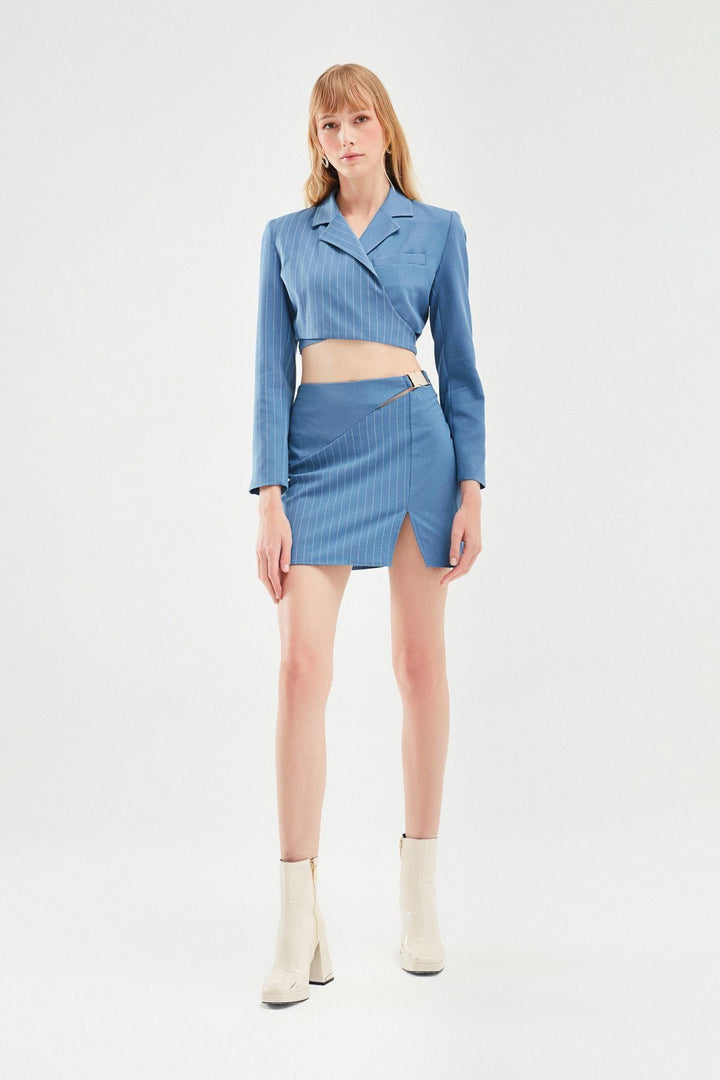 Belted Crop Blazer Jacket Blue