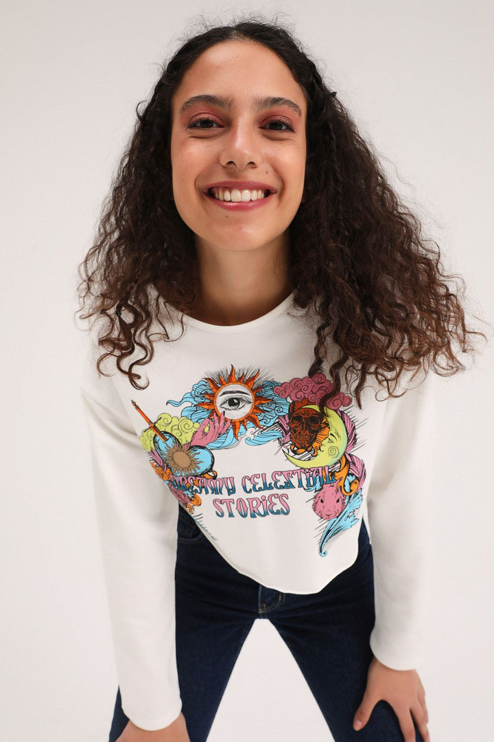 Printed Crop Sweatshirt White