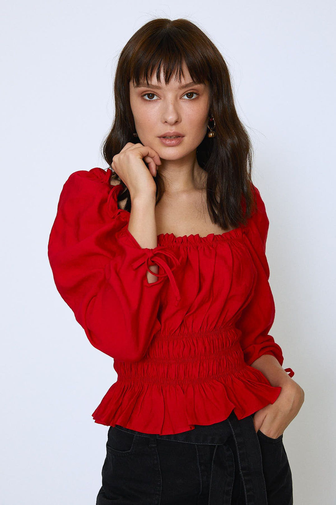 Watermelon Sleeve Square Collar Gipeal Blouse Red