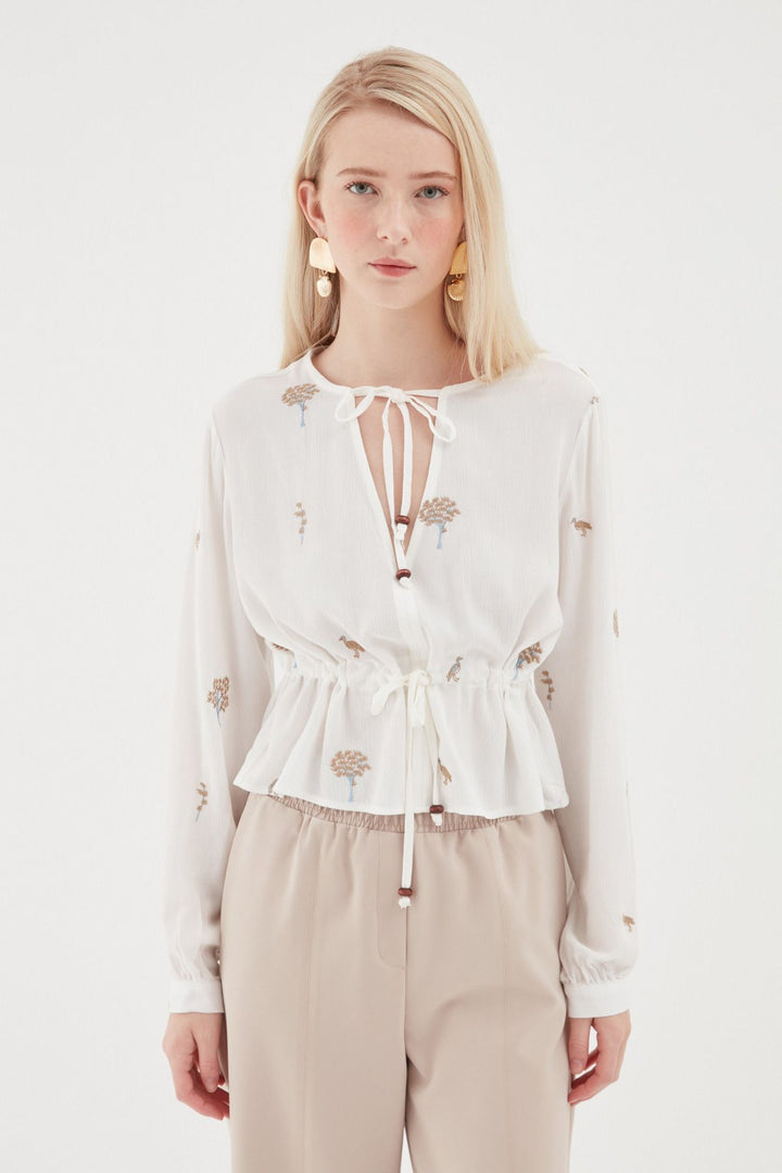 Patterned V-Neck Blouse White