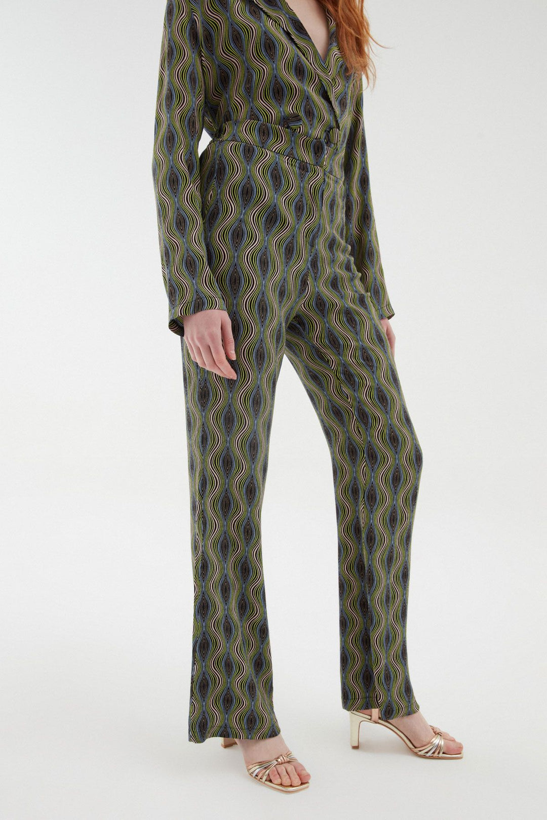 Desenli Bol Paça Pantolon Yeşil