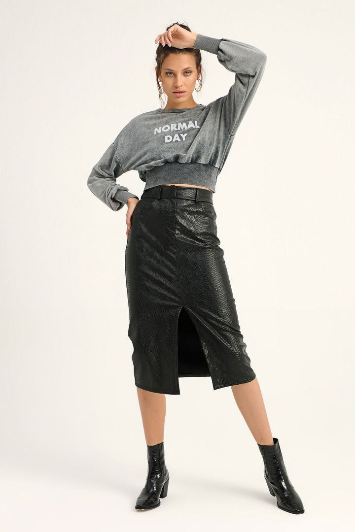 Slit Leather Skirt Black