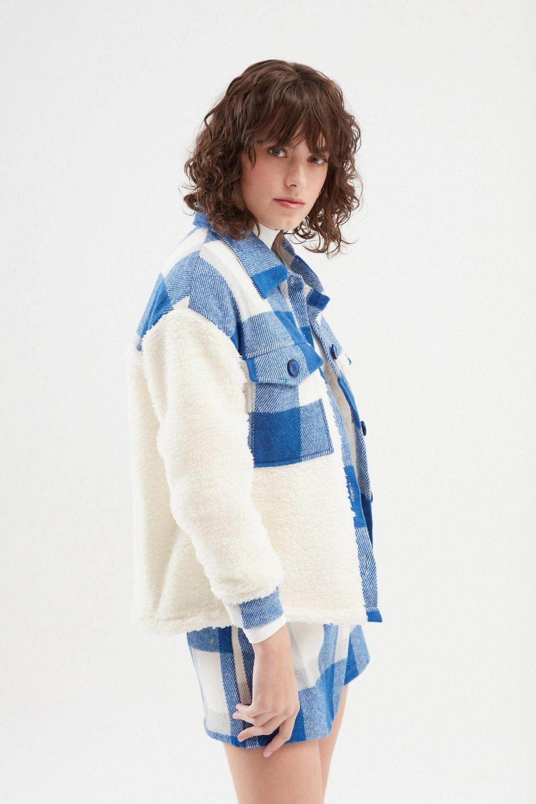 Ekoseli Peluş Ceket Mavi