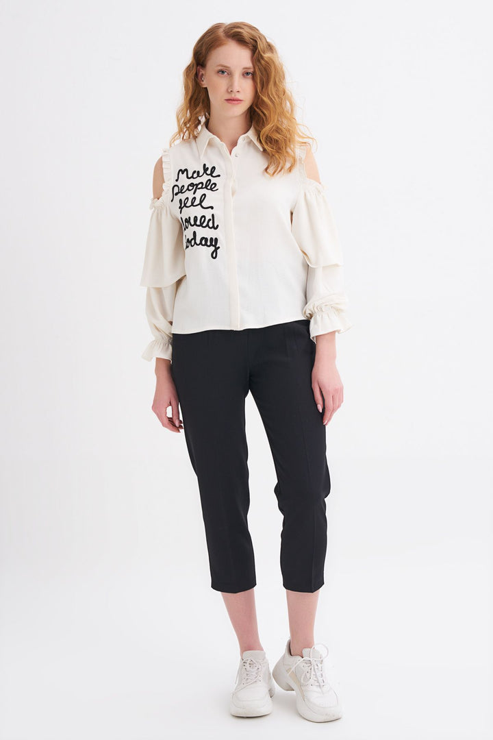 Embroidered Ruffle Detailed Off-Shoulder Shirt Ecru