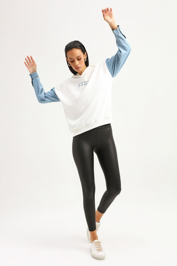 Garnili Kapüşonlu Sweatshirt Ekru