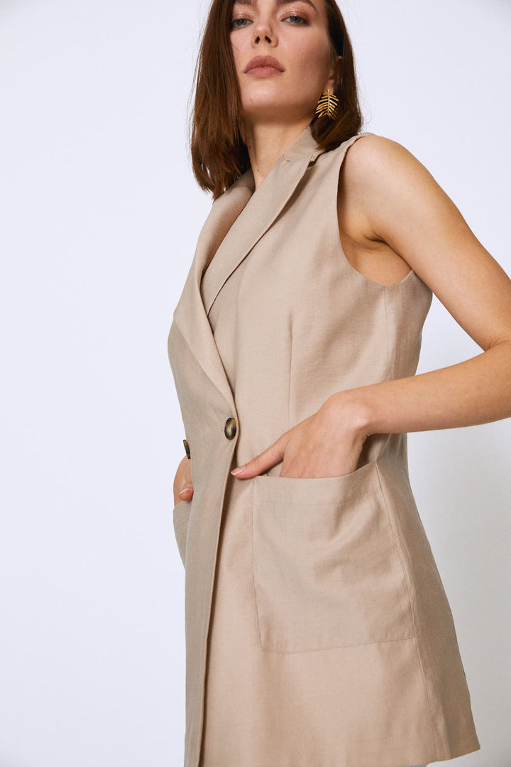 Double Breasted Pocket Sleeveless Jacket Stone