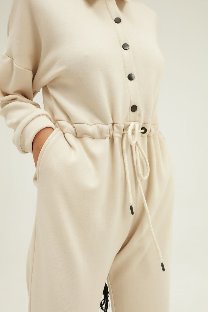Pleated Waist Shirt Collar Jumpsuit Beige