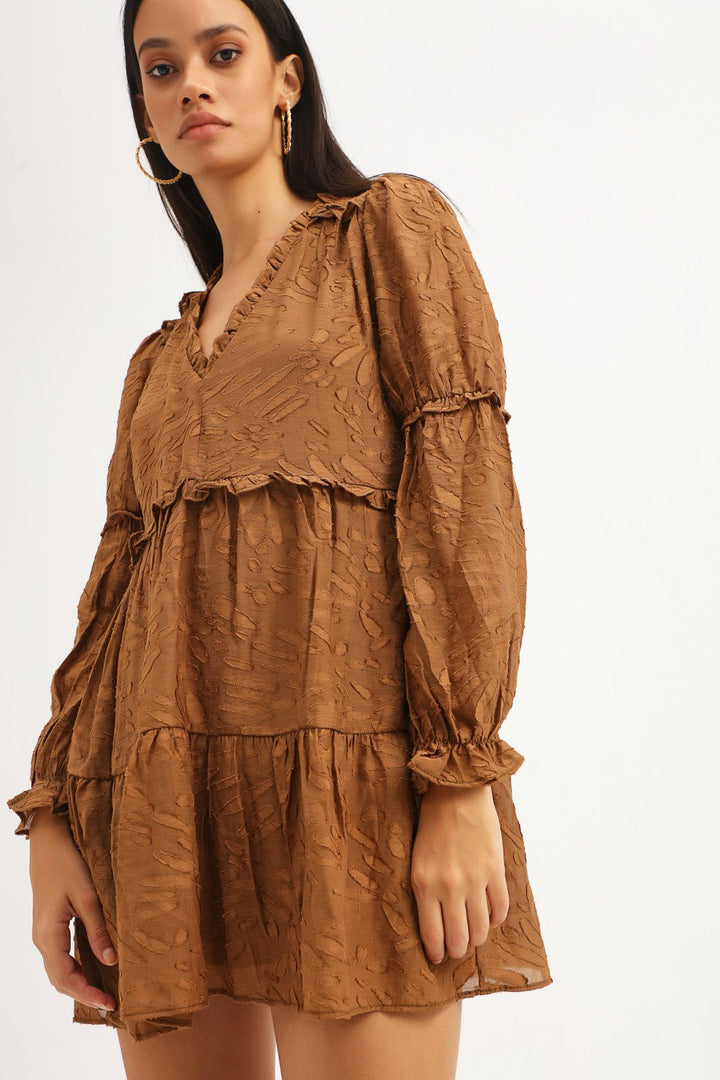 V-Neck Frilly Dress Brown