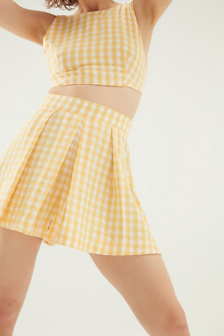 Ekose Pileli Şort Sarı